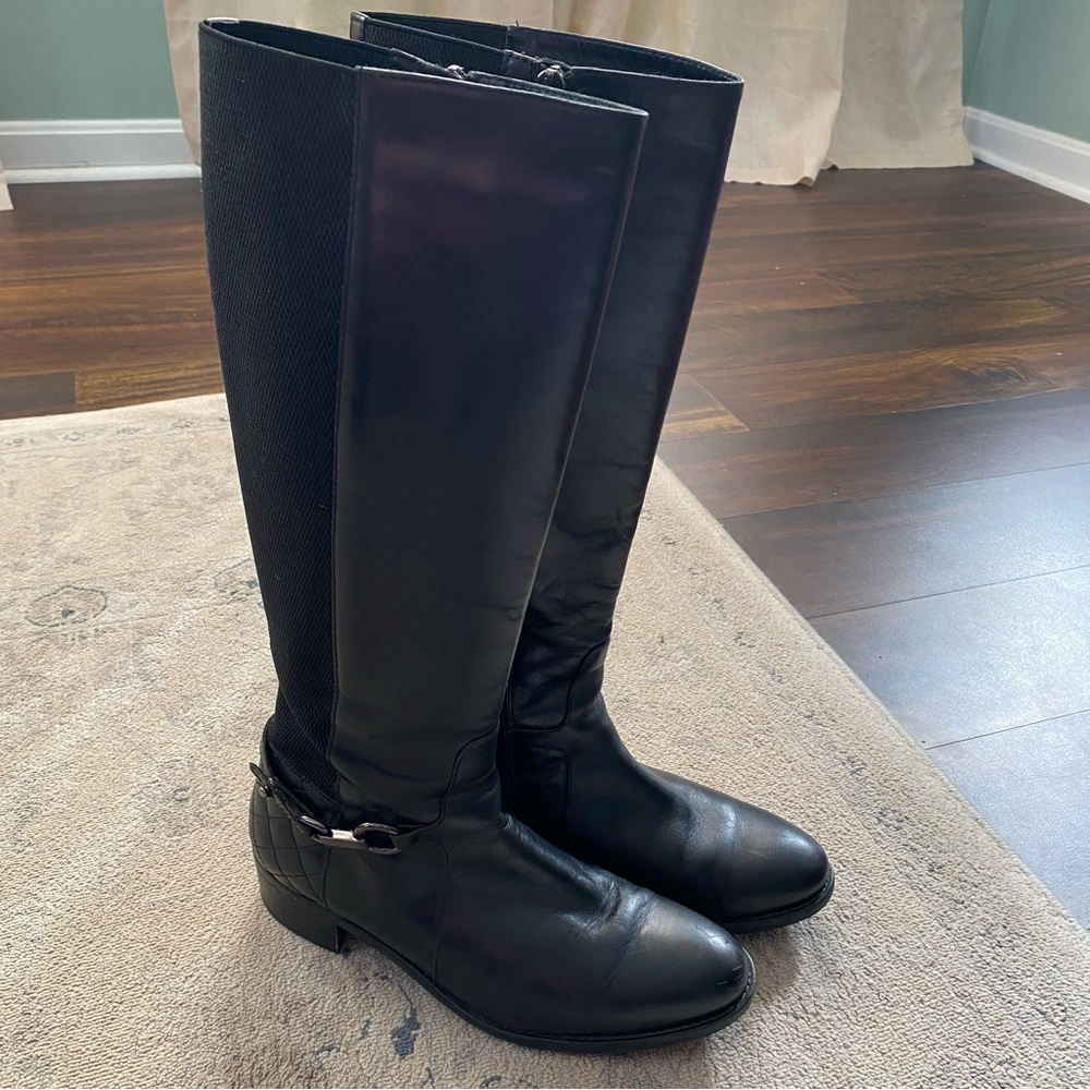 Aquatalia Leather Quilted Detail Boots Knee High Low Block Heel 7.5 Black Riding
